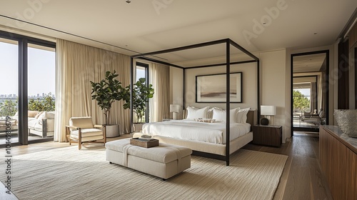 Spacious master bedroom with a minimalist canopy bed, light drapery, and refined, luxurious furnishings in a calming atmosphere.