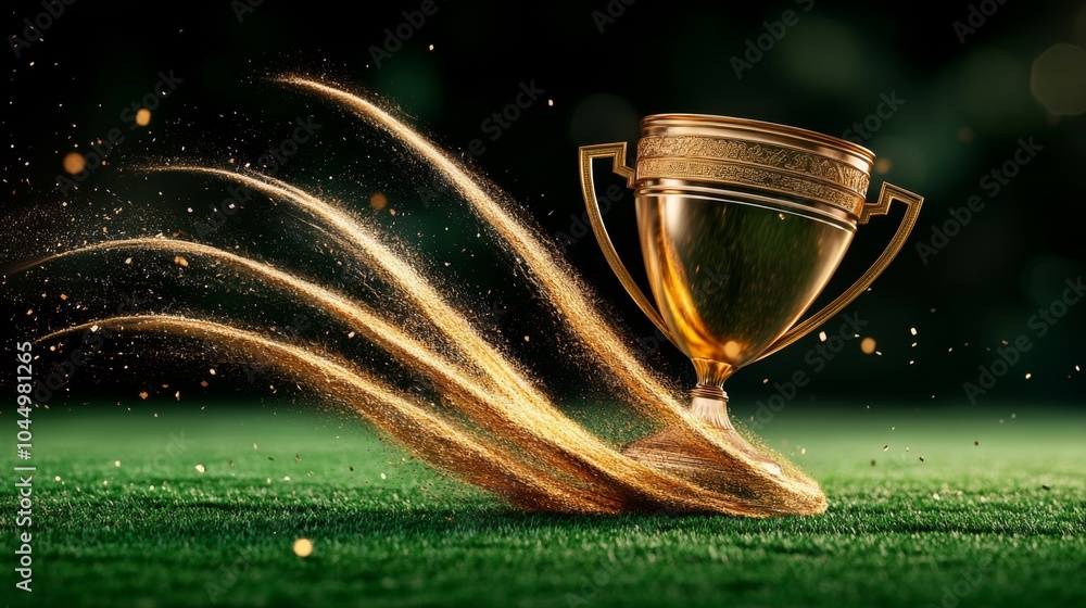 Golden Sport cup trophy under cinematic light at nature background Golden Sport cup trophy under cinematic light at nature background