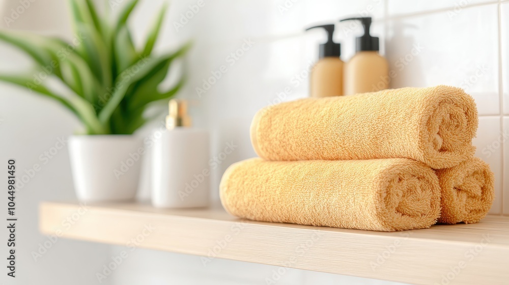 An elegantly styled bathroom shelf displays neatly folded orange towels, surrounded by modern toiletries and greenery, embodying freshness and tranquility in an aesthetic space. An elegantly styled bathroom shelf displays neatly folded orange towels, surrounded by modern toiletries and greenery, embodying freshness and tranquility in an aesthetic space.