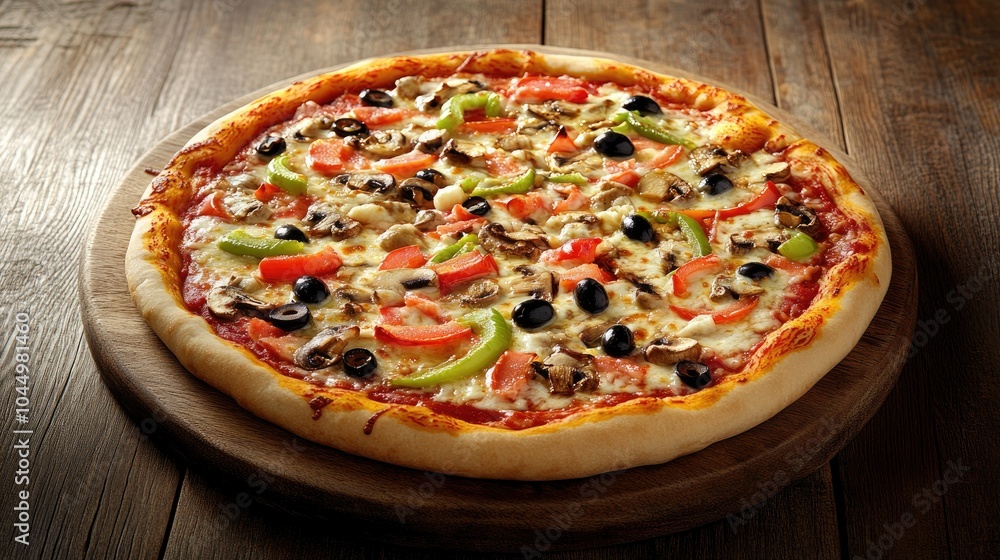 Delicious Vegetable Pizza on Wooden Board Delicious Vegetable Pizza on Wooden Board
