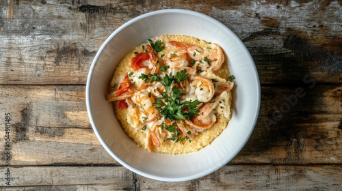 Shrimp and Grits Dish on Rustic Wooden Table