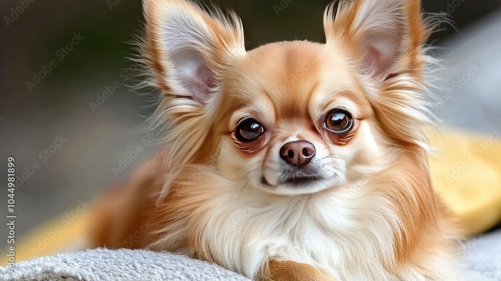 A cozy Chihuahua rests elegantly on the arm of a light grey couch adorned with warm yellow pillows and soft textures in a serene living room A cozy Chihuahua rests elegantly on the arm of a light grey couch adorned with warm yellow pillows and soft textures in a serene living room