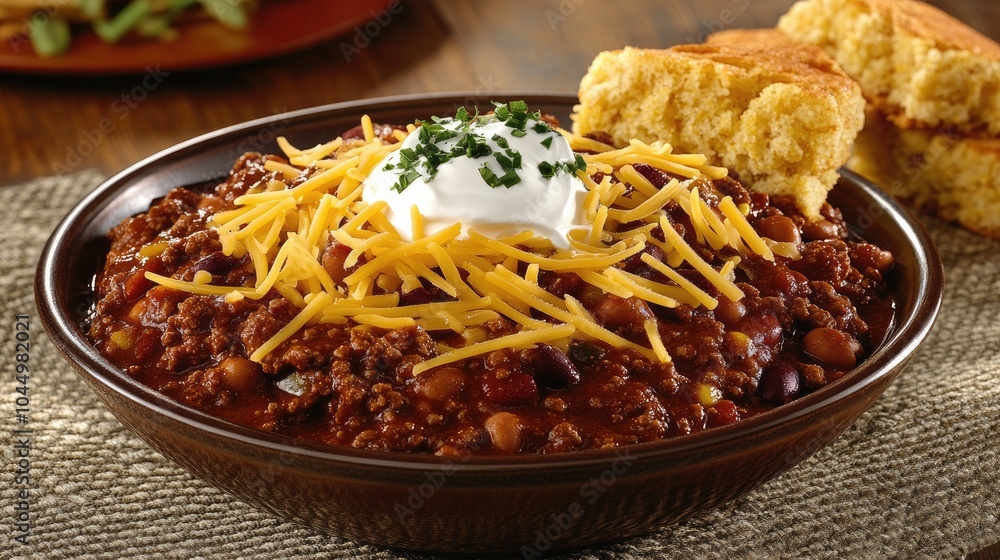 Delicious Bowl of Chili with Toppings and Cornbread Delicious Bowl of Chili with Toppings and Cornbread