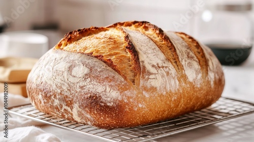 Freshly baked sourdough bread on a wire cooling rack with crispy crust and soft interior