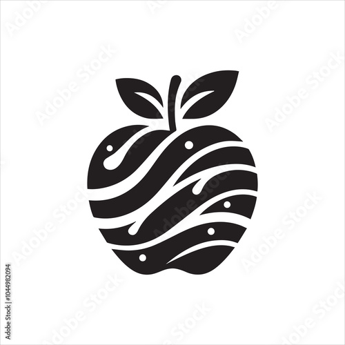 A black and white  apple vector silhouette  with a leaf on it