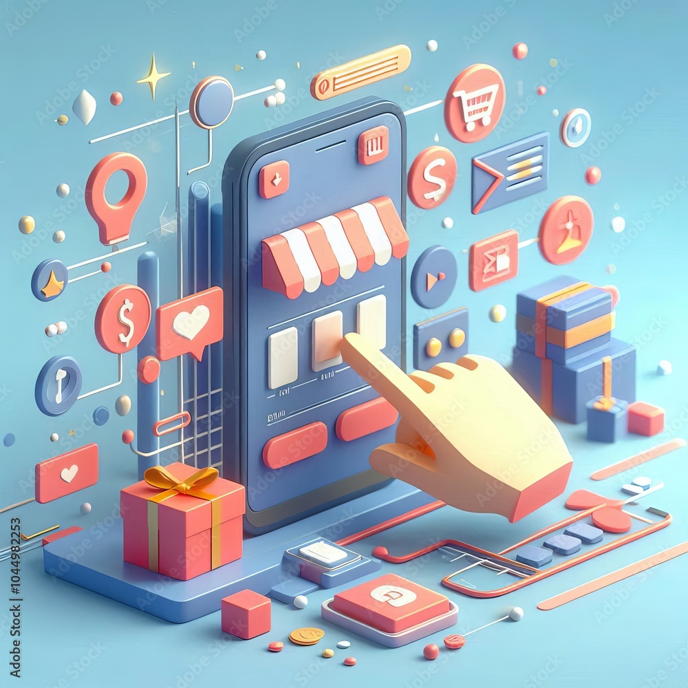 3D Minimal online shopping on smartphone application service, digital marketing, online buying, and online payment concept. 3d banner background. 3D Minimal online shopping on smartphone application service, digital marketing, online buying, and online payment concept. 3d banner background.