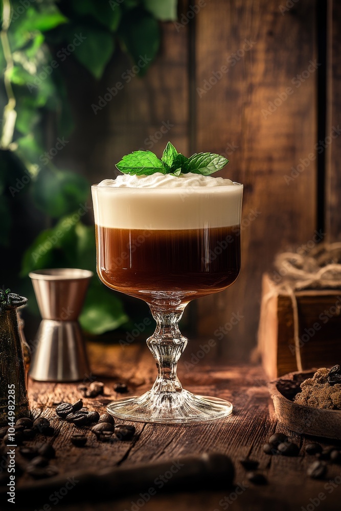 Irish Coffee Cocktail with Whipped Cream on Rustic Table Irish Coffee Cocktail with Whipped Cream on Rustic Table