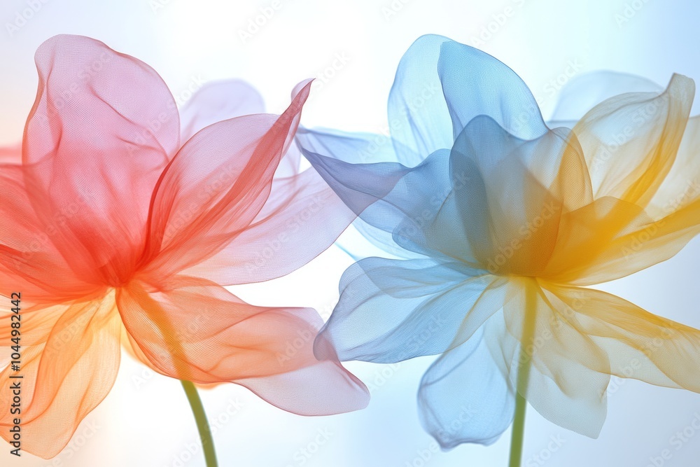 Two translucent flowers, one in pink and orange and the other in blue and yellow, stand out against a soft white background. Two translucent flowers, one in pink and orange and the other in blue and yellow, stand out against a soft white background.