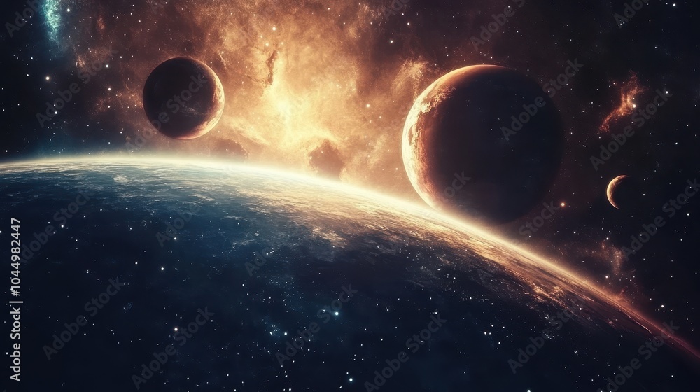 Obraz premium A surreal cosmic scene where planets and stars align in harmonious patterns, inviting contemplation of the universe.