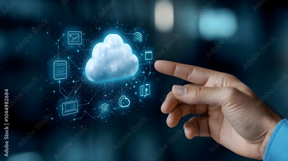Human hand touching a digital screen displaying futuristic cloud storage security and network connection icons against a dark blue technological background Human hand touching a digital screen displaying futuristic cloud storage security and network connection icons against a dark blue technological background