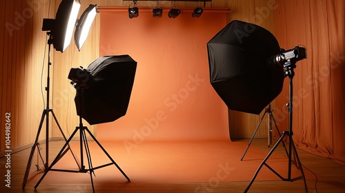 A photography studio with two lights and an orange backdrop.