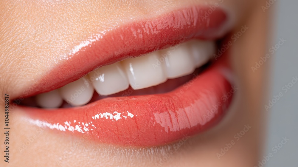 Obraz premium A close-up view of red glossy lips that stands out with its smooth texture and classic lipstick, representing a timeless beauty and elegant fashion style.