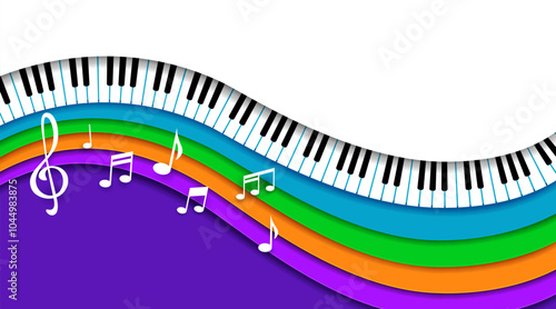 Paper cut music piano. Vector background for concert invitation or classic musical festival performance promo, featuring vibrant 3d papercut layered waves, musical notes, treble clef and piano keys