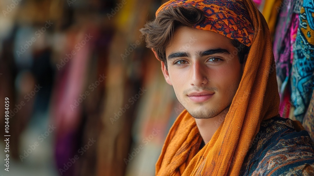 Fototapeta premium A young man wearing an orange scarf and a turban is smiling