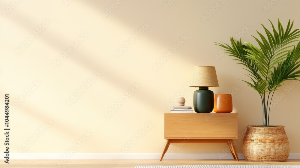 A beautifully decorated room in a mid-century modern style featuring a retro wooden side table, decorative vases, a lamp, and a basket with a leafy green plant. A beautifully decorated room in a mid-century modern style featuring a retro wooden side table, decorative vases, a lamp, and a basket with a leafy green plant.