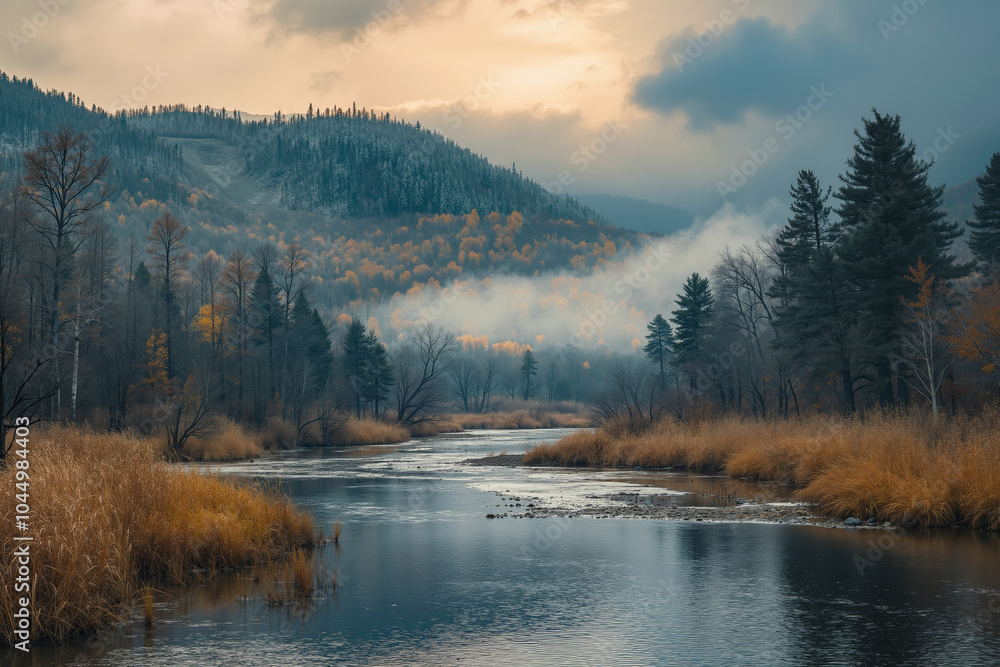 A river running through a forest filled with tall grass and trees A river running through a forest filled with tall grass and trees