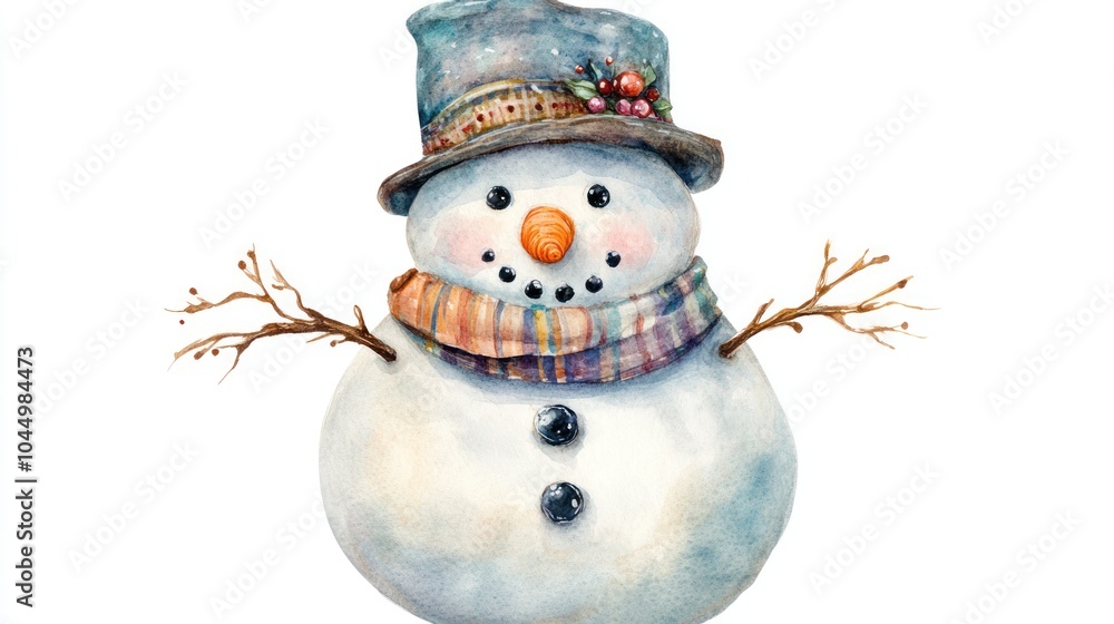 A cheerful snowman with a colorful scarf and hat, drawn in watercolor style. A cheerful snowman with a colorful scarf and hat, drawn in watercolor style.