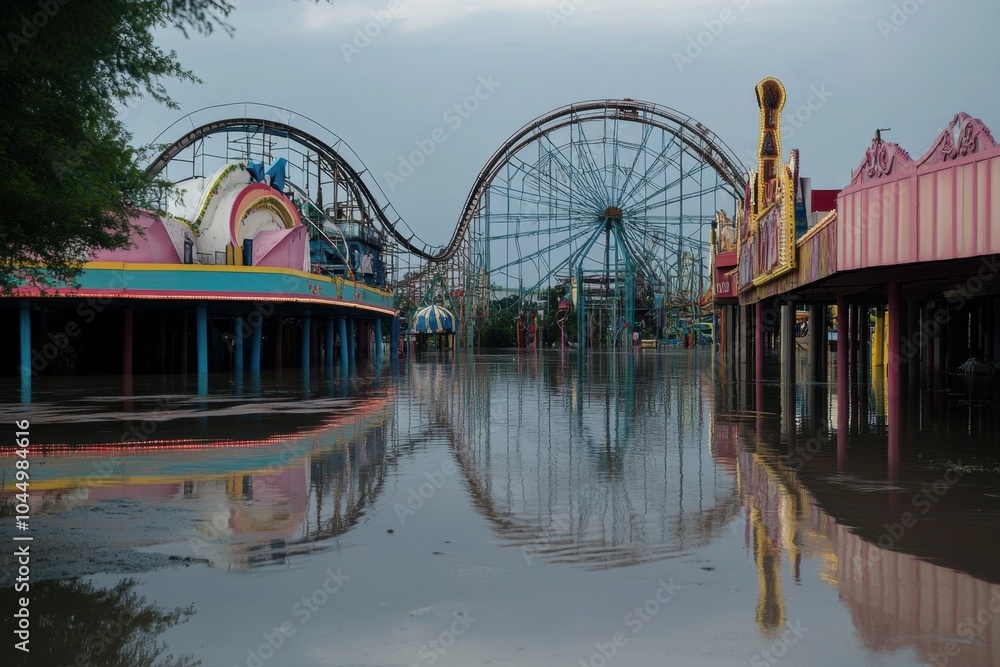 Fototapeta premium A deserted amusement park flooded after heavy rain, with roller coasters and rides partially underwater, symbolizing how floods disrupt recreational areas and daily life.