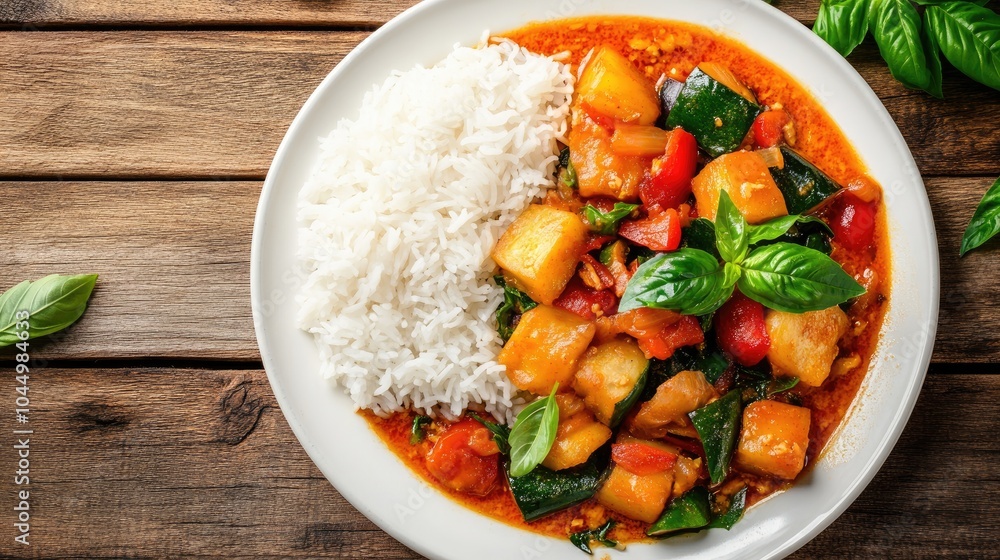 Colorful Vegetable Stew with Rice on Wooden Table Colorful Vegetable Stew with Rice on Wooden Table