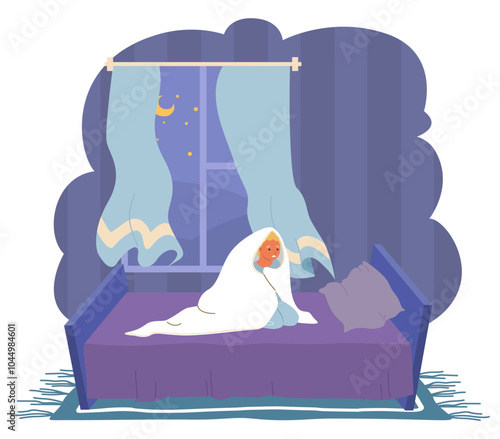 Children nyctophobia concept. Frightened little boy child feeling fear of dark under blanket sitting on bed in bedroom at night vector illustration
