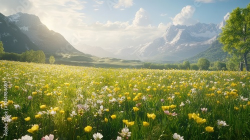 Idyllic springtime meadow with mountain landscape in the background