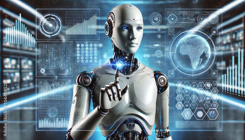 A humanoid robot interacting with virtual data screens A humanoid robot interacting with virtual data screens