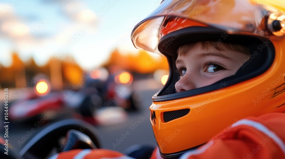 A close-up image of a young go-kart racer with bright eyes, wearing an orange helmet, captures the excitement and anticipation of the race on a sunny day. A close-up image of a young go-kart racer with bright eyes, wearing an orange helmet, captures the excitement and anticipation of the race on a sunny day.