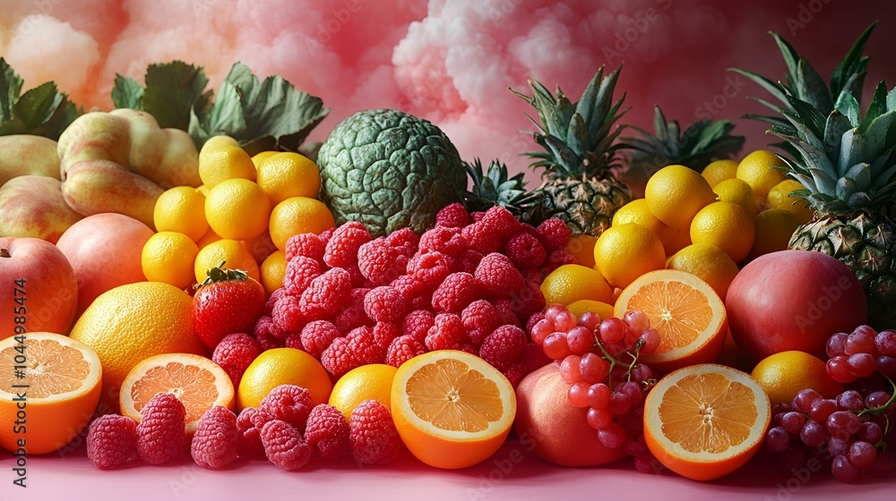 Assorted berries and citrus fruits with mint on background. Assorted berries and citrus fruits with mint on background.