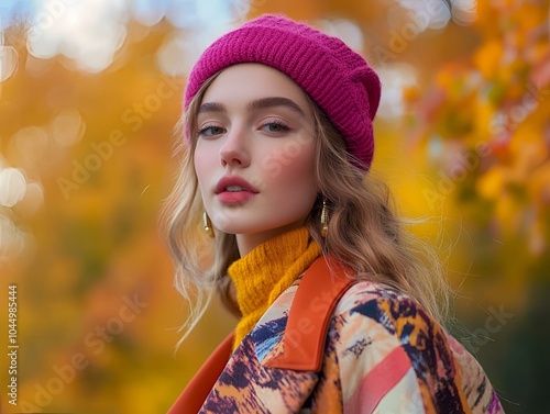 Woman in bright pink beanie and yellow sweater in autumn park.