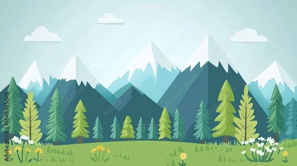 Fototapeta premium Simple Flat Design ,Mountain Landscape Illustration:Stylized Nature Scene with Gradient Background.Concept of nature, outdoor adventure, minimalist design, digital illustration, landscape art, gradien