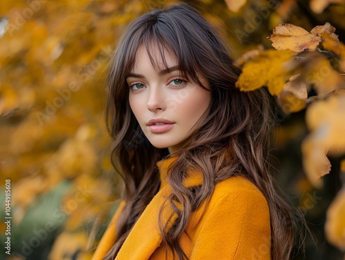 Woman in yellow coat posing in autumn leaves.