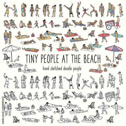 Set of tiny hand-drawn people at the beach, adults and children in summer sunbathing and playing