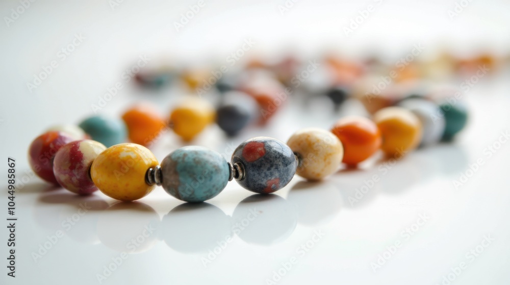 A variety of colorful beads strung together, lying on a white surface to highlight their shapes. A variety of colorful beads strung together, lying on a white surface to highlight their shapes.