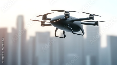 Sleek aerodynamically designed futuristic delivery drone with multiple propellers transporting cargo efficiently through a modern urban skyline  Depicting the future of sustainable photo