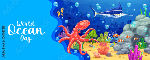 Underwater landscape paper cut banner with octopus and swordfish among coral reefs. Vector 3d scene embodies the beauty of marine life and celebrates World Ocean Day, promoting ocean conservation