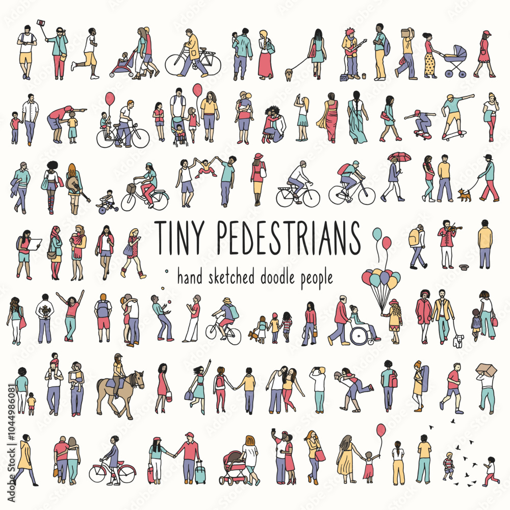 Hand drawn tiny pedestrians, ink drawing of urban people walking Hand drawn tiny pedestrians, ink drawing of urban people walking