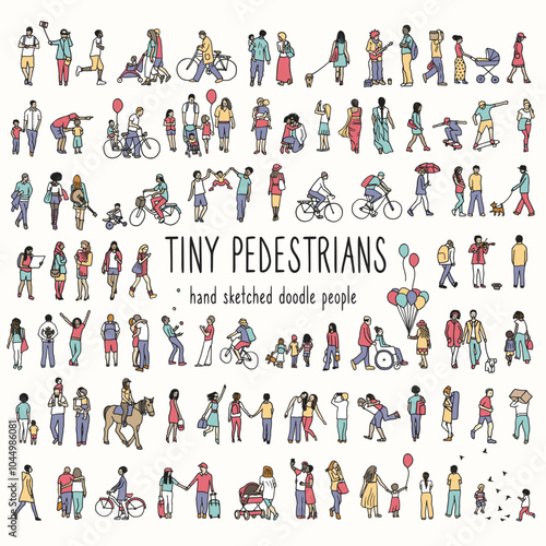 Hand drawn tiny pedestrians, ink drawing of urban people walking