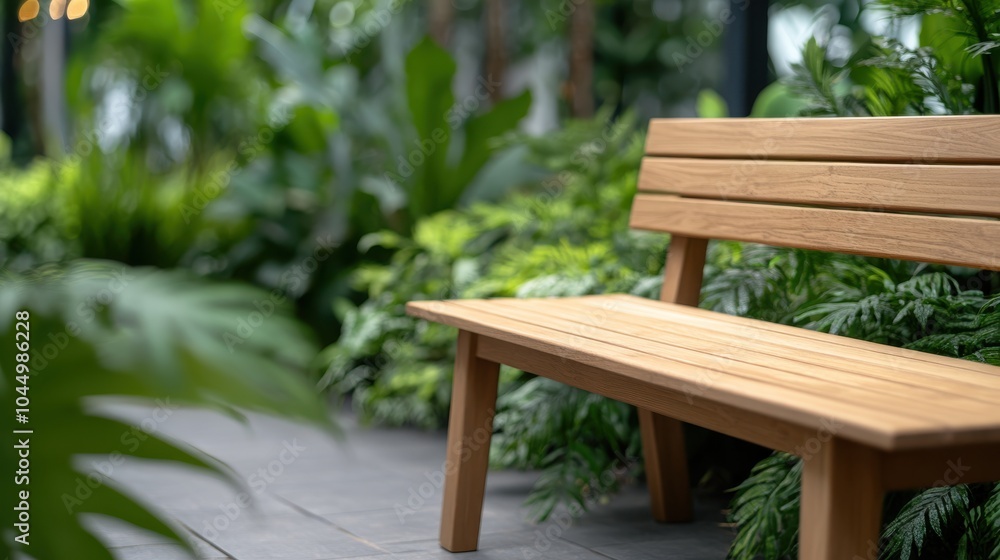 A wooden bench is set amidst a lush green garden, surrounded by various plants and providing a serene spot for relaxation and contemplation. Tranquility abounds nature lovers. A wooden bench is set amidst a lush green garden, surrounded by various plants and providing a serene spot for relaxation and contemplation. Tranquility abounds nature lovers.