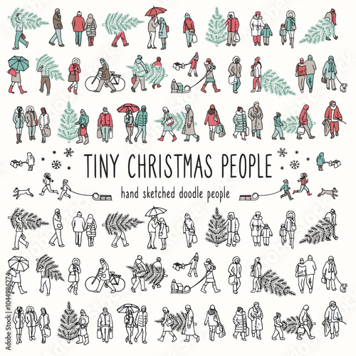 Tiny hand drawn people in winter at Christmas time, carrying their Christmas tree home, in warm winter clothes, colored and black and white