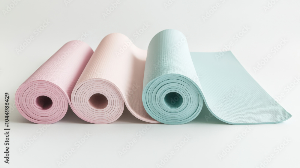 Three rolls of pastel-colored yoga mats in pink, light pink, and mint green arranged neatly against a white background. Three rolls of pastel-colored yoga mats in pink, light pink, and mint green arranged neatly against a white background.