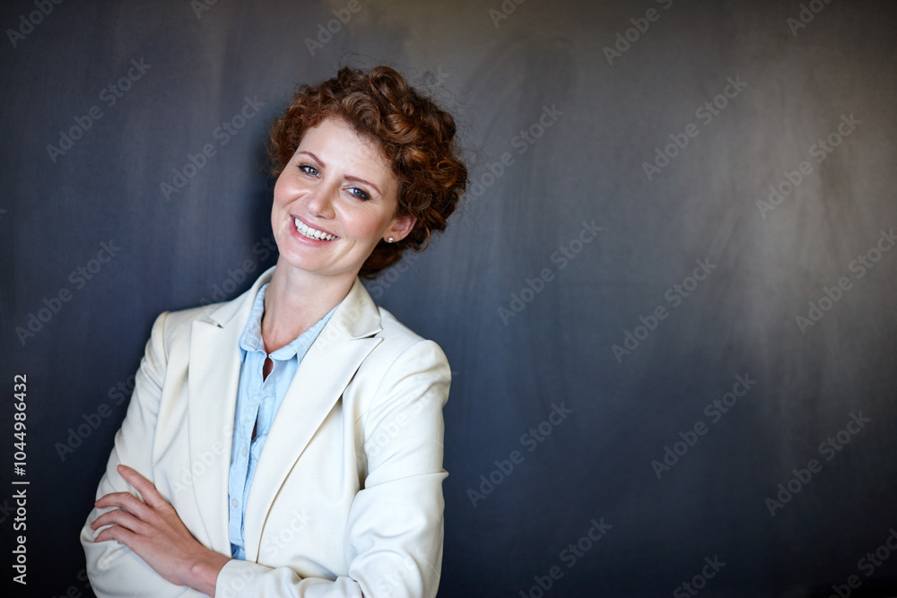 Portrait, business woman and office with mockup space, confidence and pride as accountant in banking. Female person, arms crossed and smile for investment opportunity, portfolio or finance in company Portrait, business woman and office with mockup space, confidence and pride as accountant in banking. Female person, arms crossed and smile for investment opportunity, portfolio or finance in company