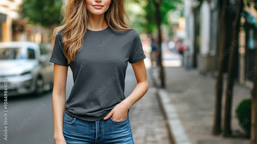 Solid Color T-shirt Mockup: Stylish Woman in City.Concept of casual fashion, minimalist style, urban lifestyle, product showcase for t-shirt design, casual wear, minimalism, branding, advertising. Solid Color T-shirt Mockup: Stylish Woman in City.Concept of casual fashion, minimalist style, urban lifestyle, product showcase for t-shirt design, casual wear, minimalism, branding, advertising.