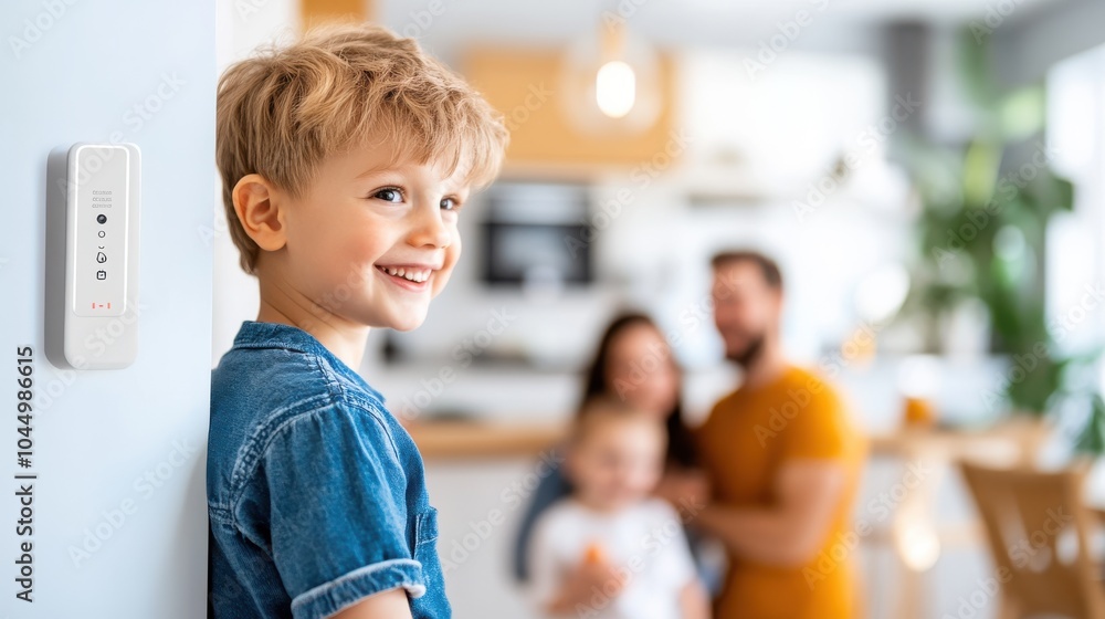 A joyful child is in focus smiling, while the family in the background is blurred, creating a warm and happy family scene in a modern home environment. A joyful child is in focus smiling, while the family in the background is blurred, creating a warm and happy family scene in a modern home environment.