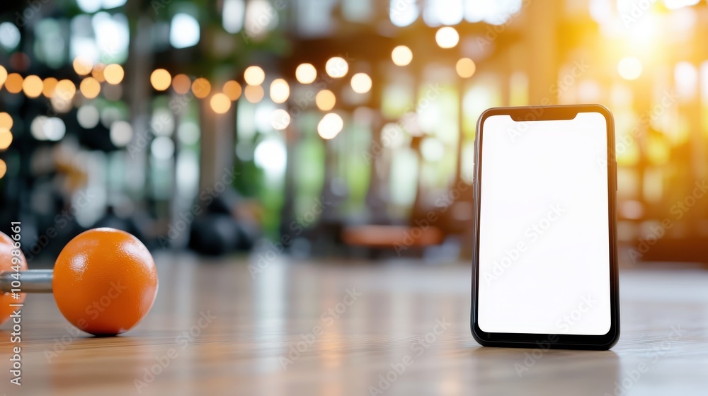 Smartphone stands on a shiny floor with gym lighting, surrounded by bright exercise equipment, conveying a message of modern fitness technology synergy. Smartphone stands on a shiny floor with gym lighting, surrounded by bright exercise equipment, conveying a message of modern fitness technology synergy.