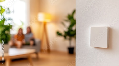 An unadorned wall panel contrasts with a blurred family scene in the living room, capturing the essence of unobtrusive technology in contemporary homes.