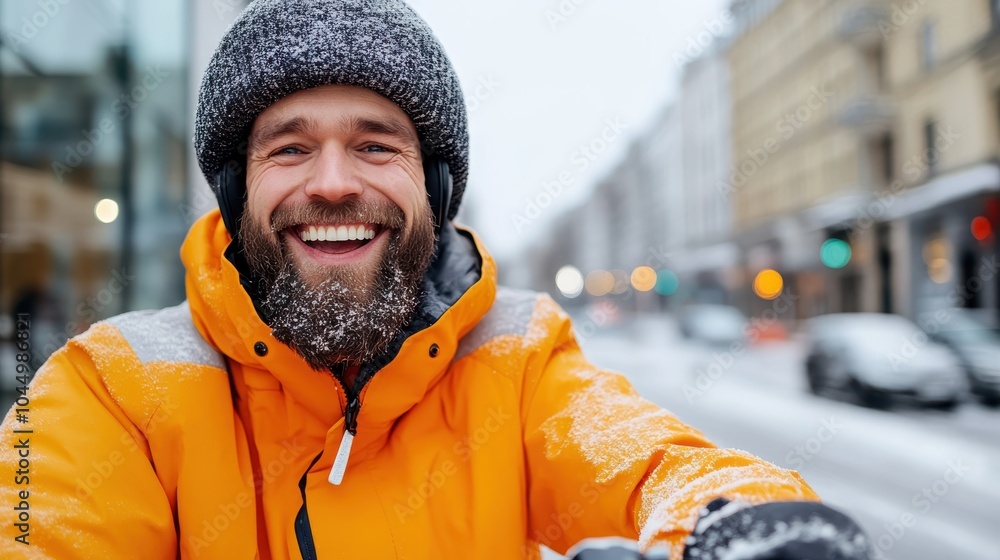 A bearded man in an orange jacket and knit cap enjoys a snowy day in a cityscape, surrounded by beautifully illuminated buildings, smiling with winter joy. A bearded man in an orange jacket and knit cap enjoys a snowy day in a cityscape, surrounded by beautifully illuminated buildings, smiling with winter joy.
