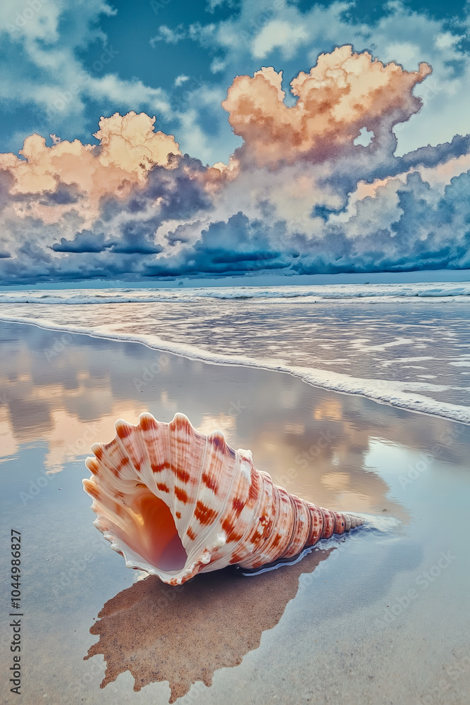 A large conch shell on the beach with a cloudy sky in the background A large conch shell on the beach with a cloudy sky in the background