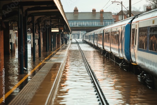 Wallpaper Mural A flooded train station with tracks submerged underwater, trains halted, and passengers stranded on the platform, illustrating the disruption caused by heavy rainfall and floods. Torontodigital.ca