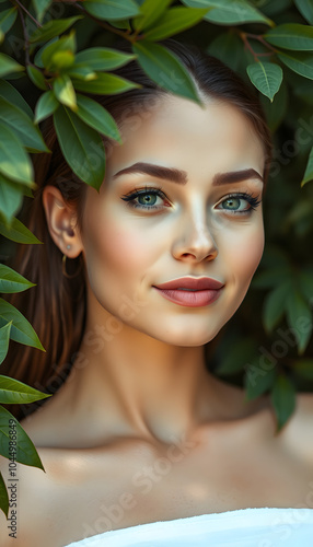 Portrait of a beautiful girl with natural makeup and healthy skin on a background of green foliage. Spa concept, body care, beauty. Copy space isolated with white highlights, png