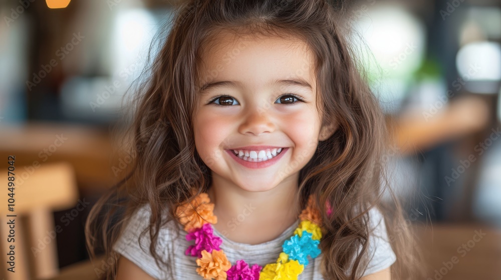 A beaming young girl with a flowery necklace smiles brightly indoors, perfectly capturing the warmth and innocence of her happy demeanor in a casual setting. A beaming young girl with a flowery necklace smiles brightly indoors, perfectly capturing the warmth and innocence of her happy demeanor in a casual setting.